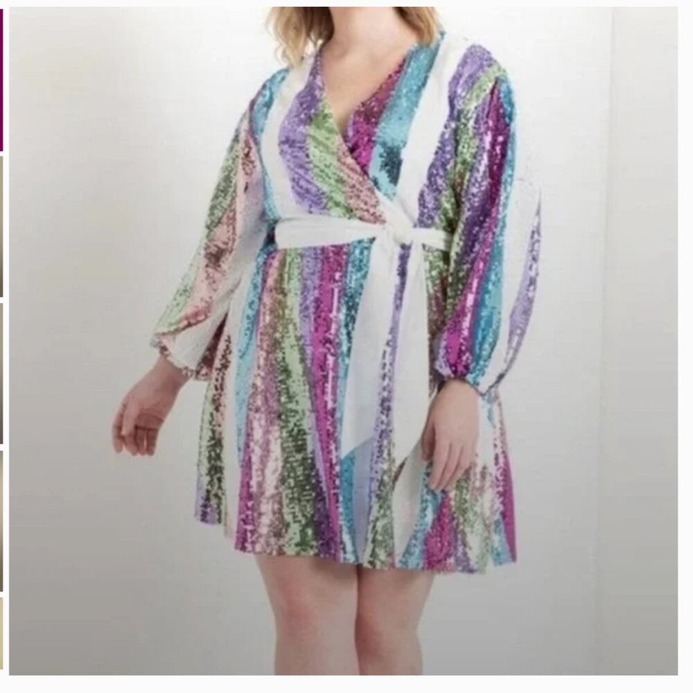 Nwt ELOQUI. Colorful Sequin  Sequin Balloon Sleeve Wrap Dress 20
